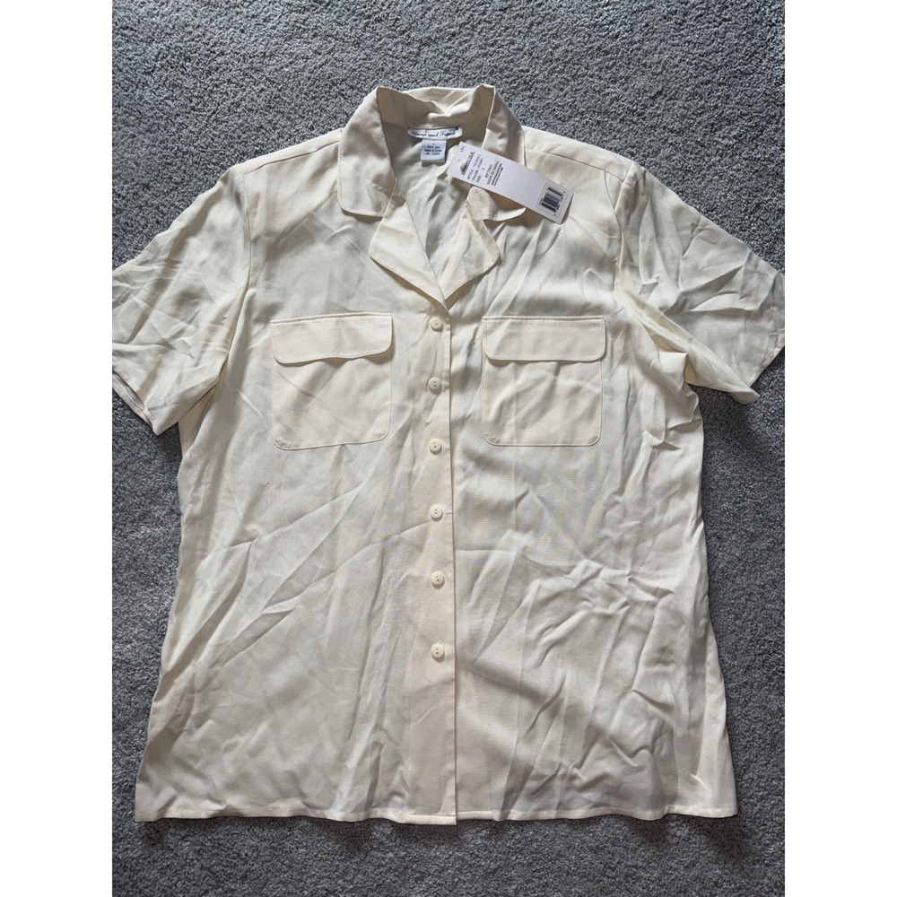 Annaand Frank Womens 100% Silk Short Sleeve Button Up Shirt Ivory Large Vintage
